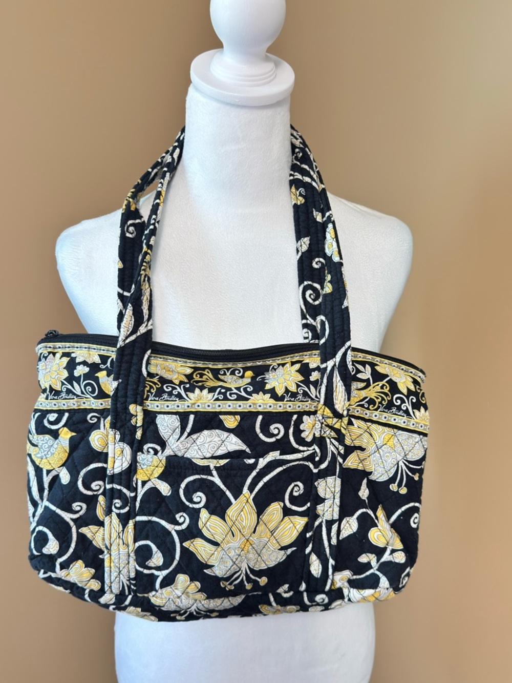 Vera Bradley Betsy Quilted Floral Yellow Bird Pattern Tote Bag